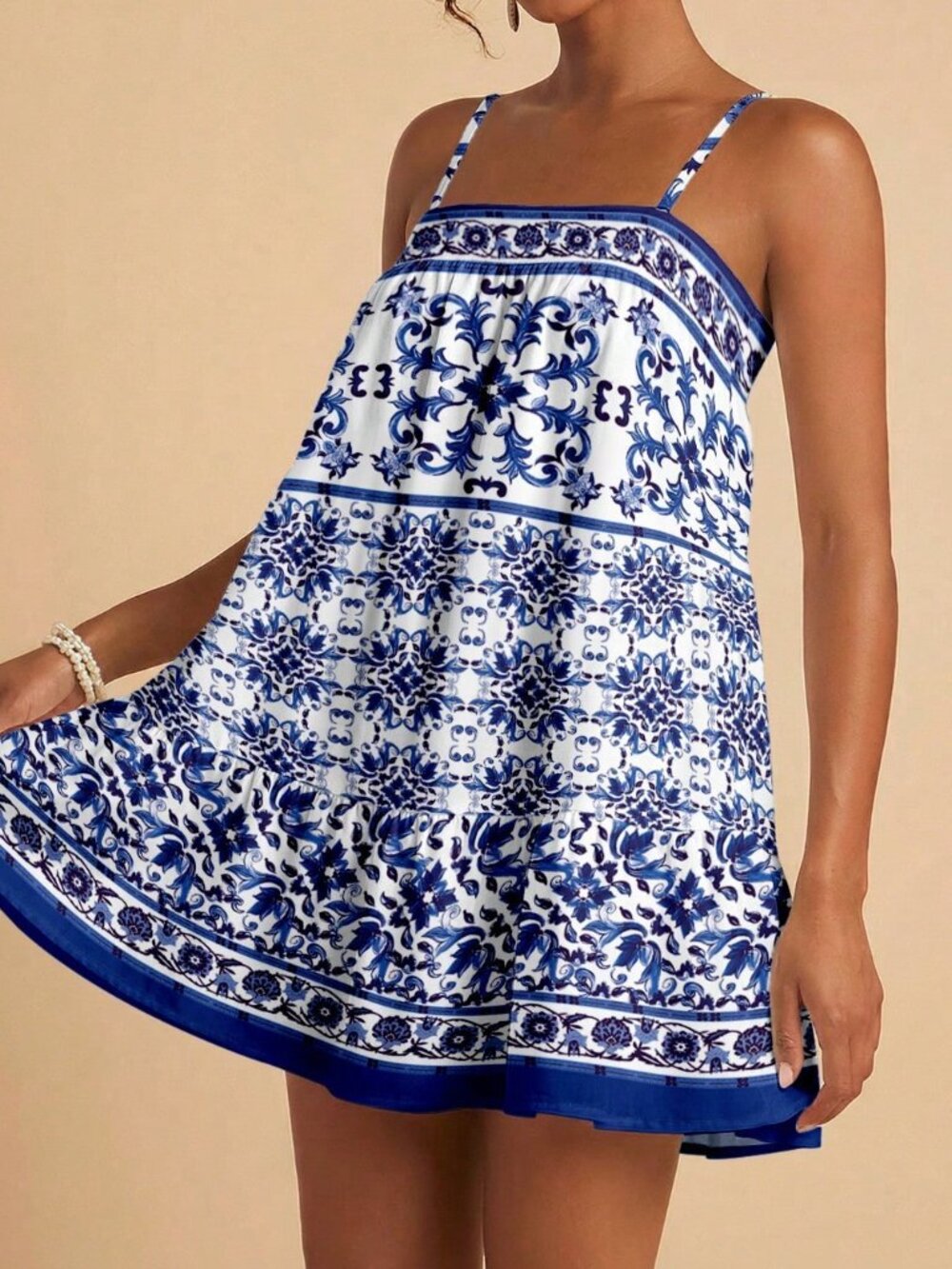 White Boho Women's Mediterranean Geometric Floral Spaghetti Strap Short Dress - Picture 4 of 8